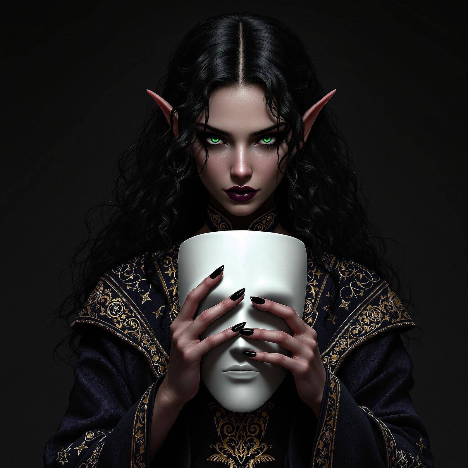 Elegant Half-Elf in Dark Fantasy Attire, Radiating Power and...