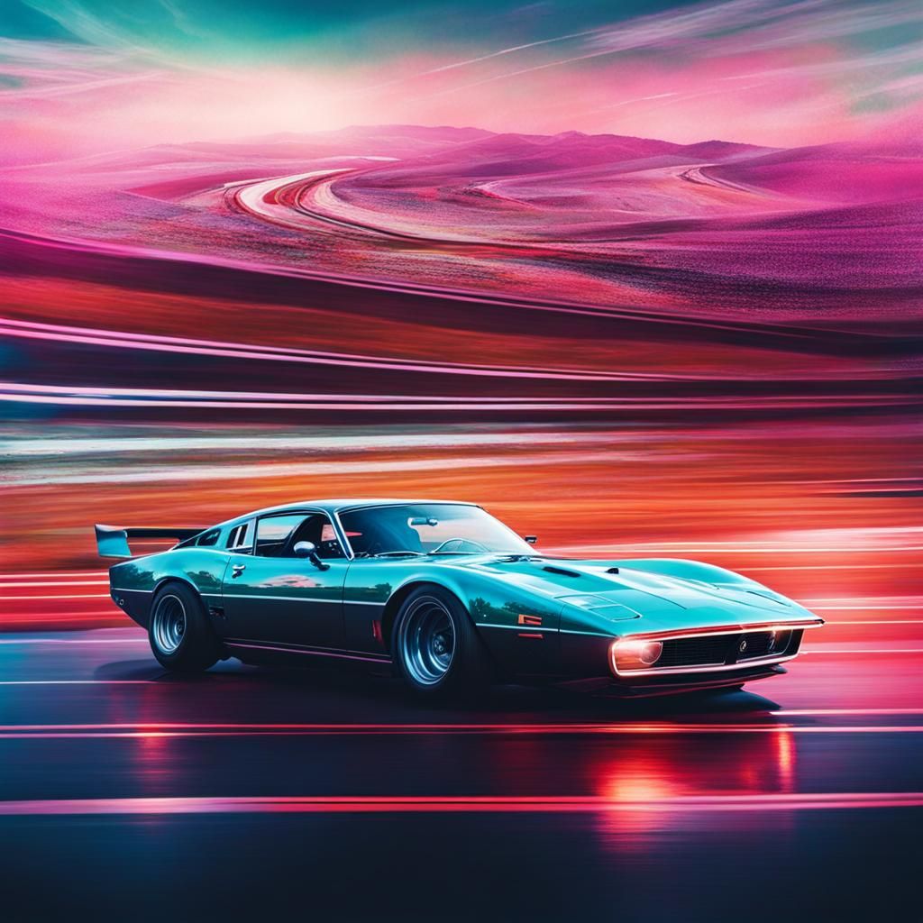 Retrowave Car and Racetrack Double Exposure