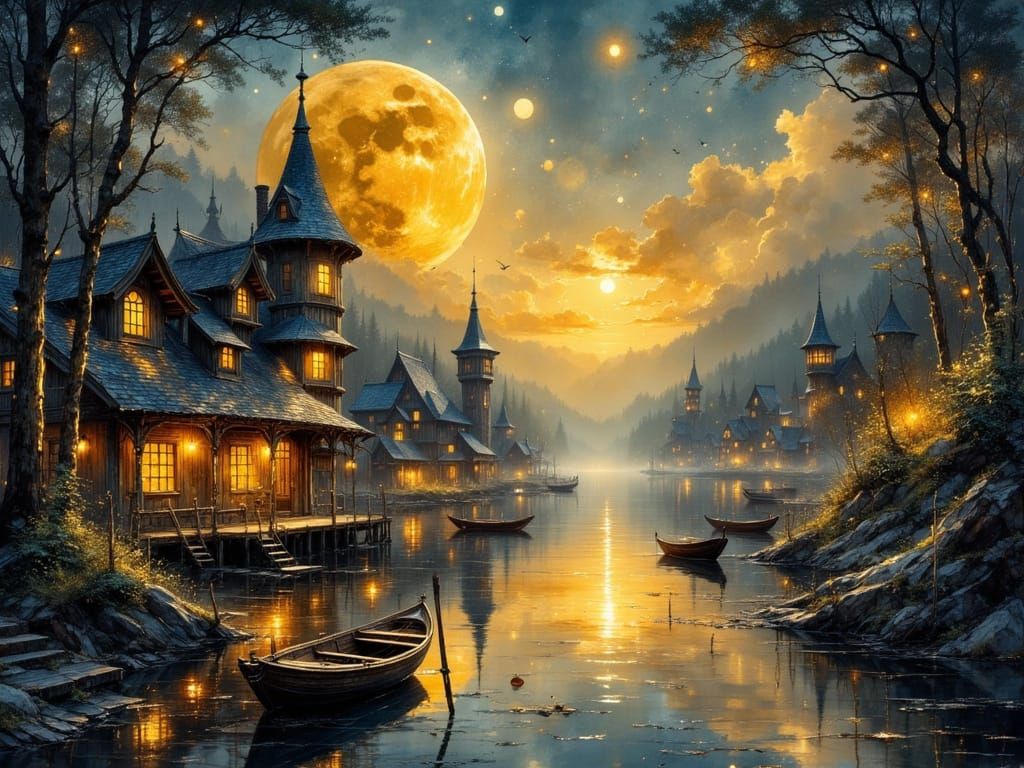 Magical Fantasy Village at Twilight Under Full Moon