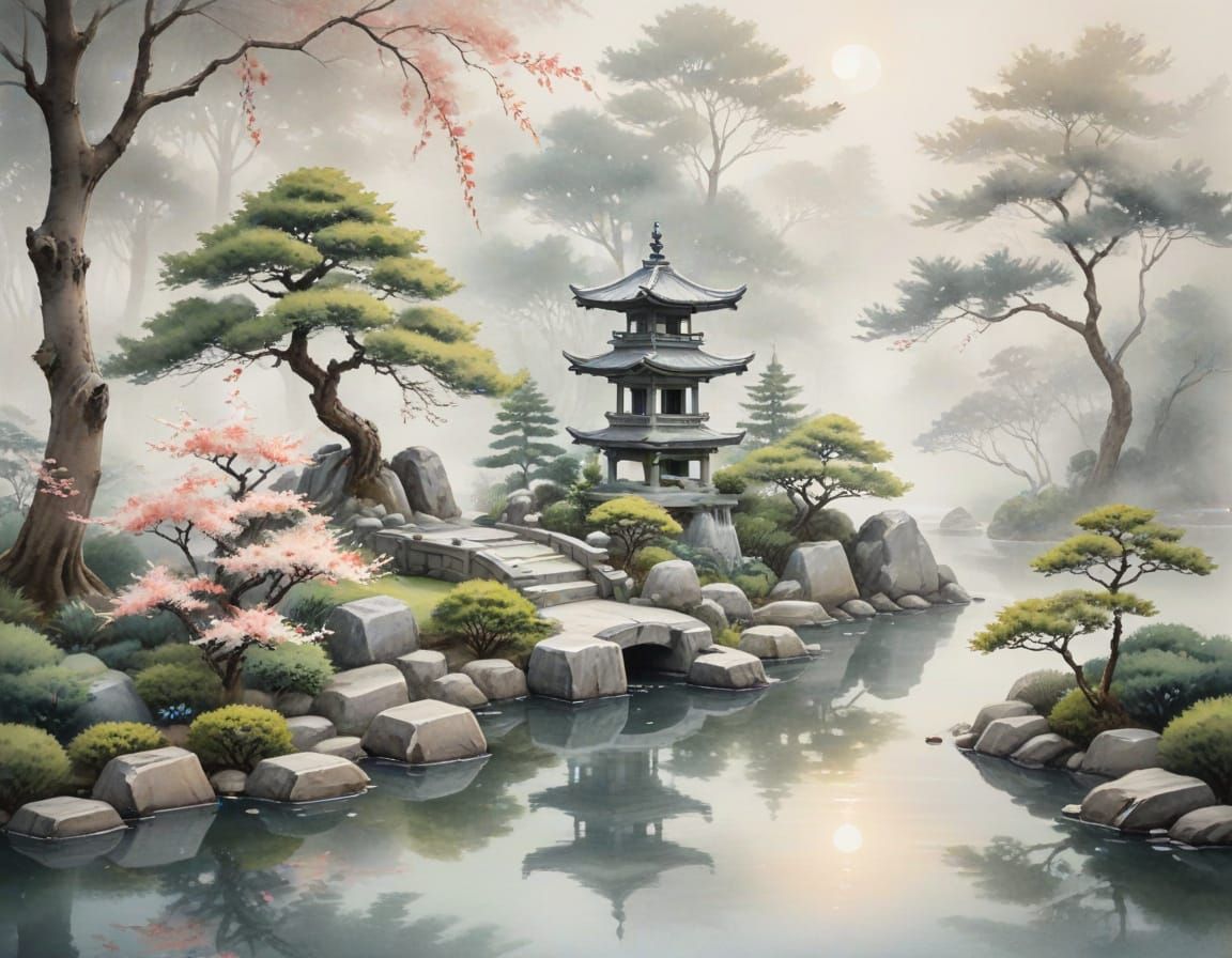 Serene Japanese Garden in Watercolor Style