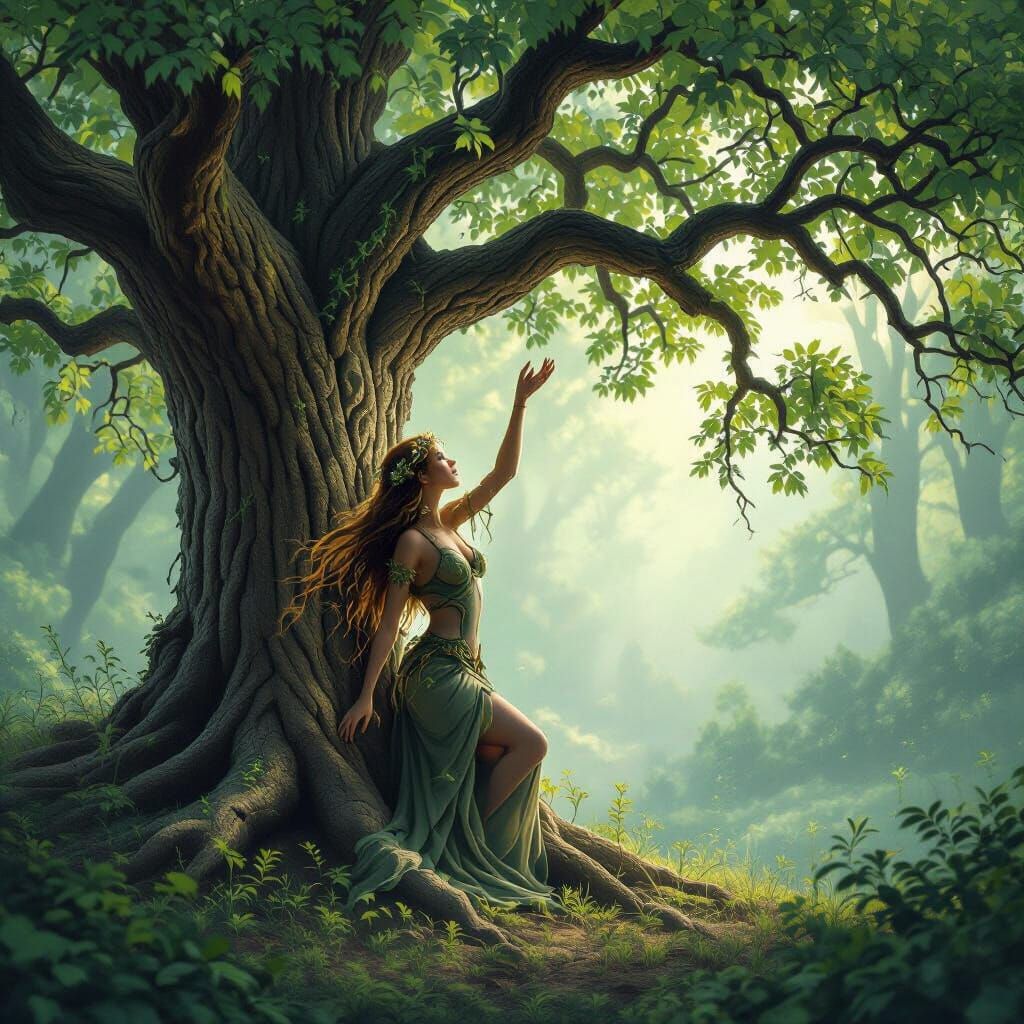 Mystical Dryad Bonding With Ancient Oak Tree in Lush Forest