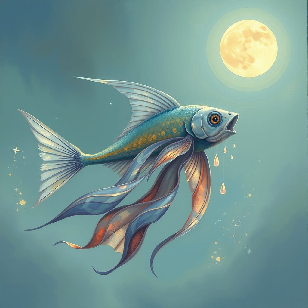 Fish Glides Through Moonlit Sky: Surrealist Dreamscape
