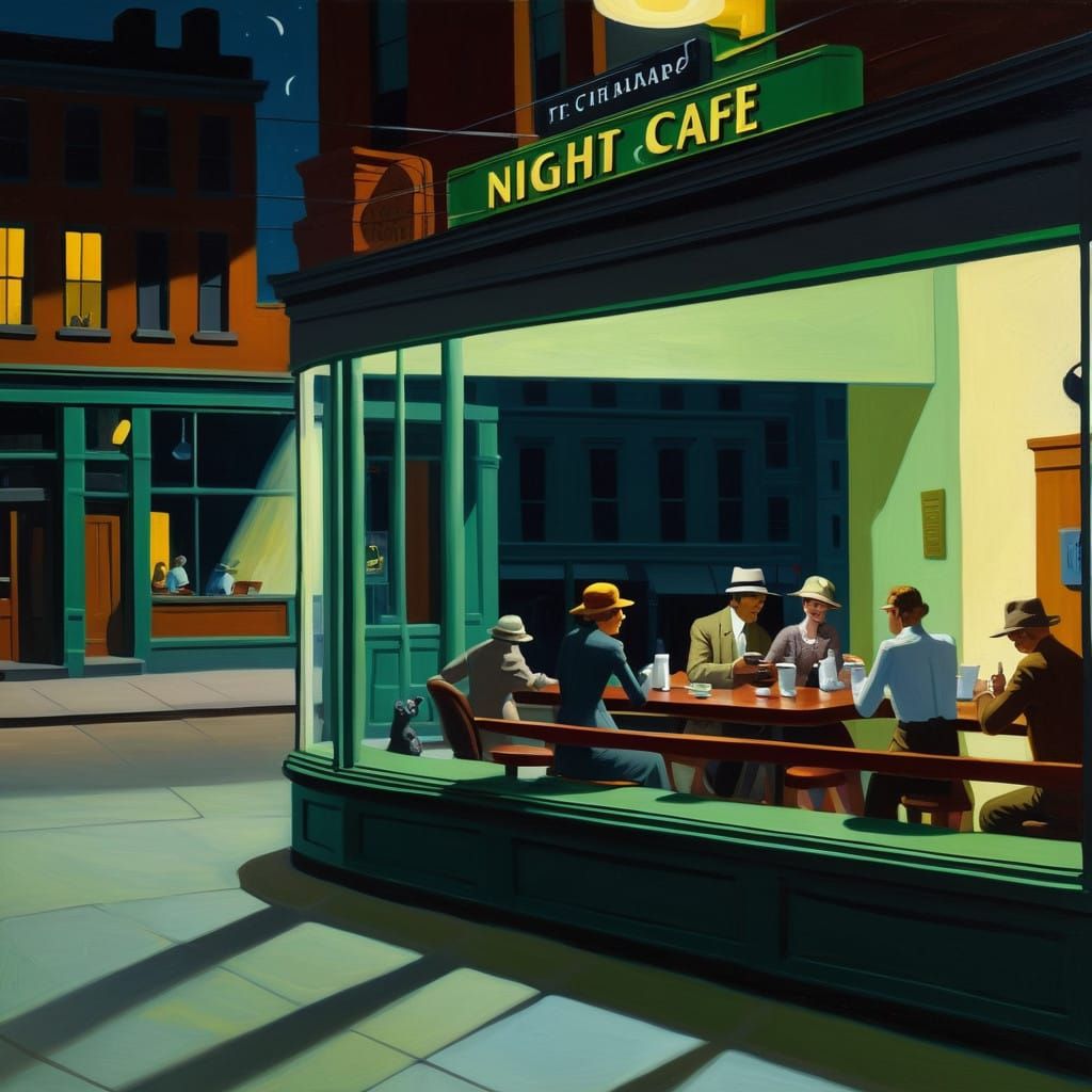 Midnight Cafe Scene in Edward Hopper's Nighthawks Style