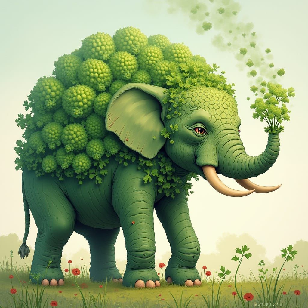 Vibrant Elephant with Broccoli Body in Whimsical Style