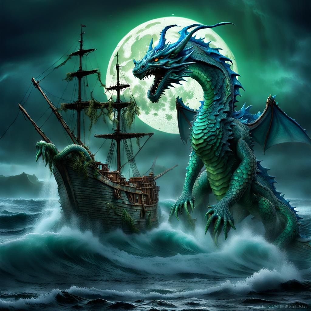 Water Elemental Dragon Attacks Ship on Stormy Sea