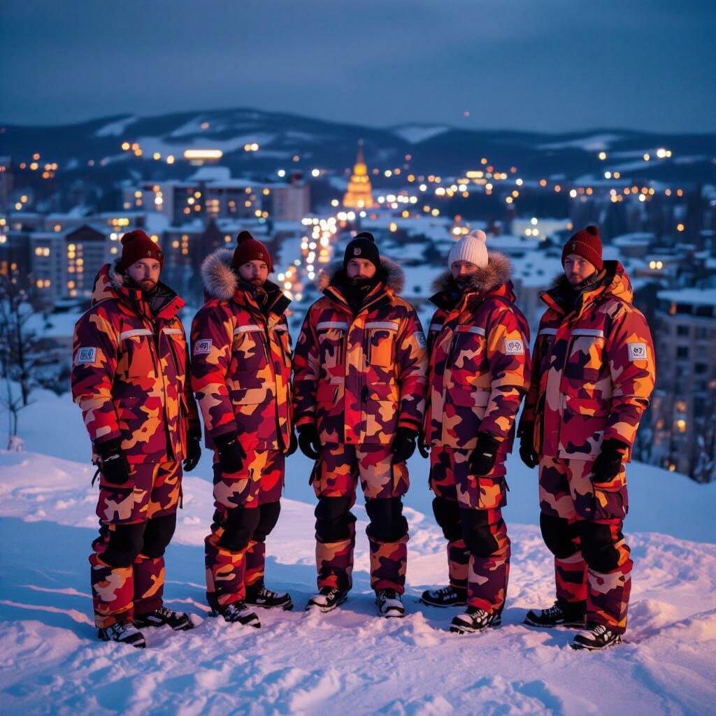 Finnish Men on Snowy Rooftop in Photorealistic Style