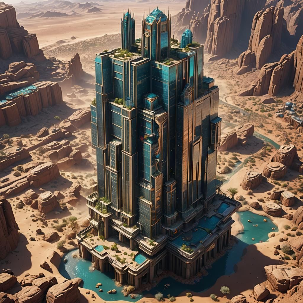 Fish Tank Skyscraper in Desert, Detailed Matte Painting