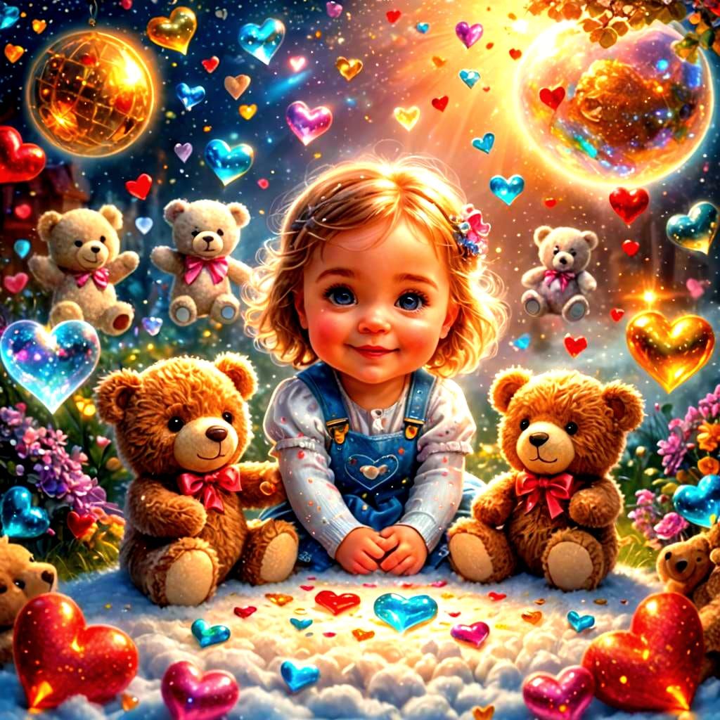 Baby Girl Playing with Teddy Bears in Cosmic Art