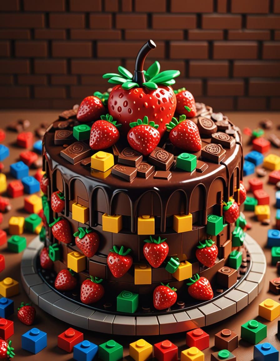 Hyper-Realistic Lego Chocolate Strawberry Cake