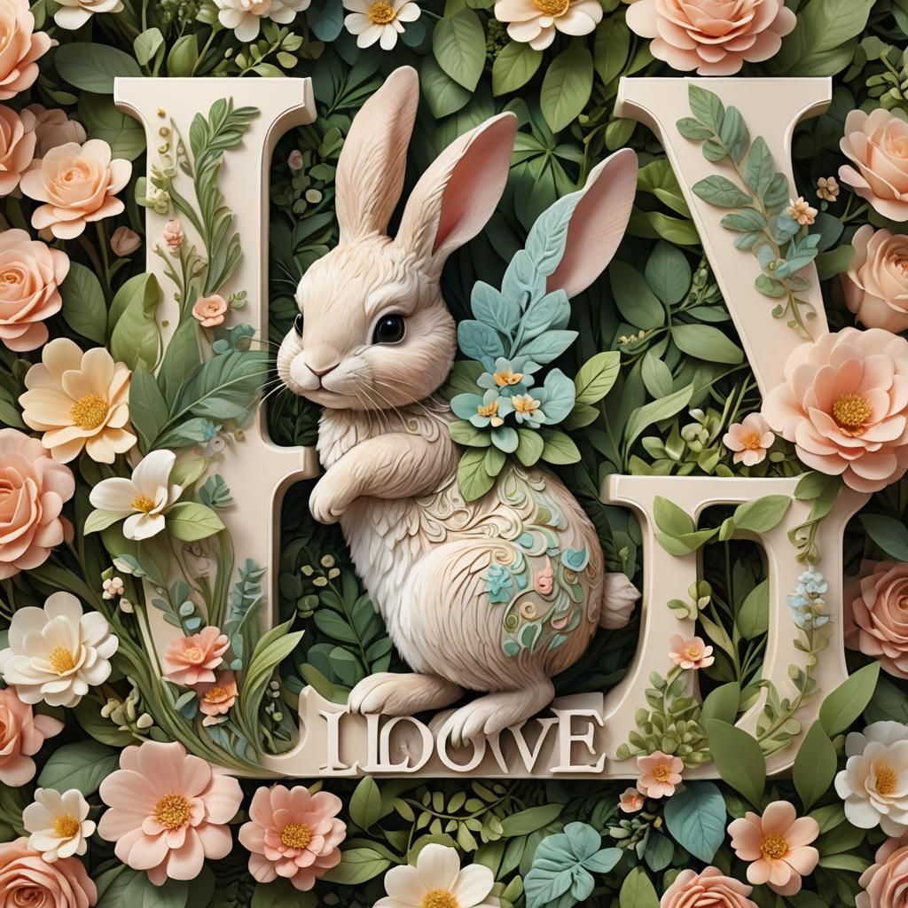 Charming 3D Rabbit with I LOVE Sign