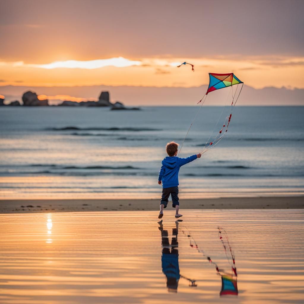 Boy Flying Kite at Beach During Sunrise