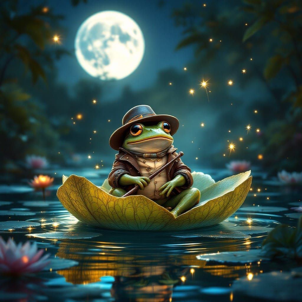 Regal Frog Rows Across Sparkling Moonlit Pond in Delicate Li...
