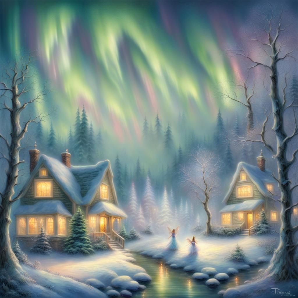 Ethereal Northern Lights with Dancing Snowflake Fairies