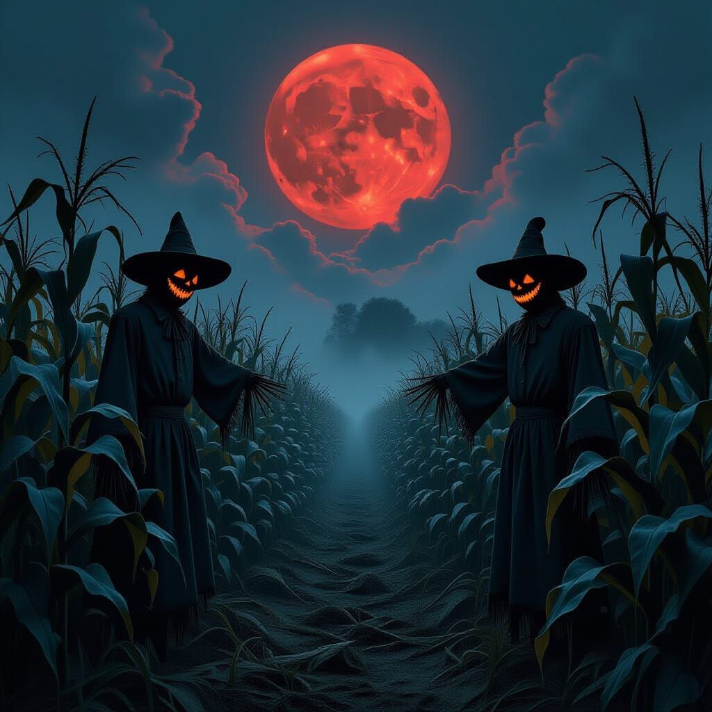 Sinister Cornfield Under Blood Moon Matte Painting