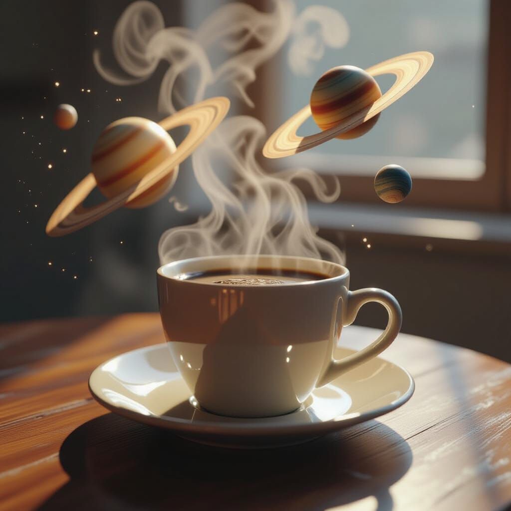 Cosmic Coffee: Planets Orbit Steam in Surreal Cinematic Scen...