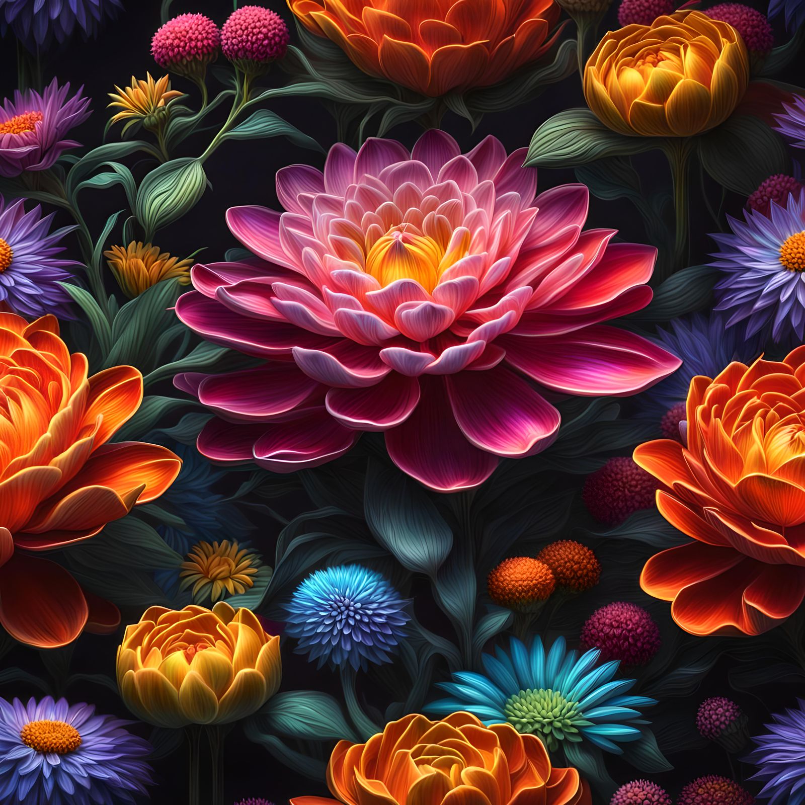 Balanced Flowers in Fluorescent Colors, 3D Render