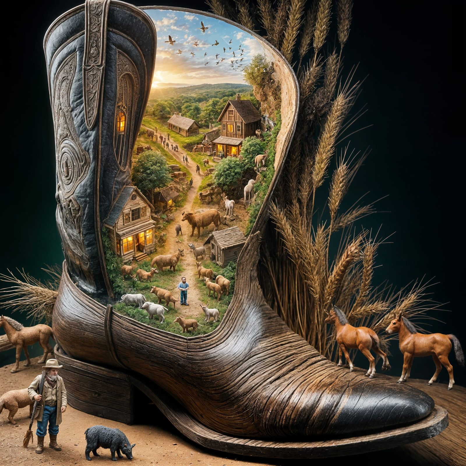 Miniature World Inside Cowboy Boot: Romantic Realism