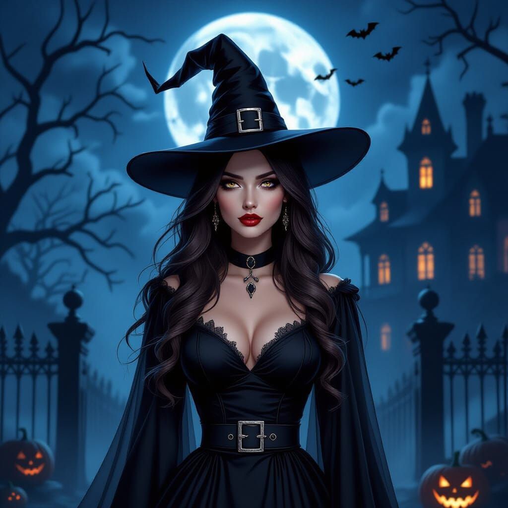 Gothic Witch Under Full Moon in Eerie Mansion