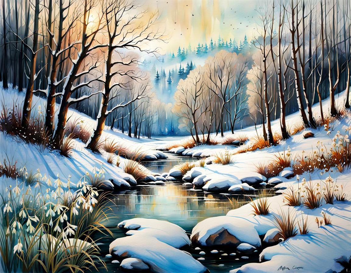 Snowy Riverscape with Snowdrops in Watercolor Style