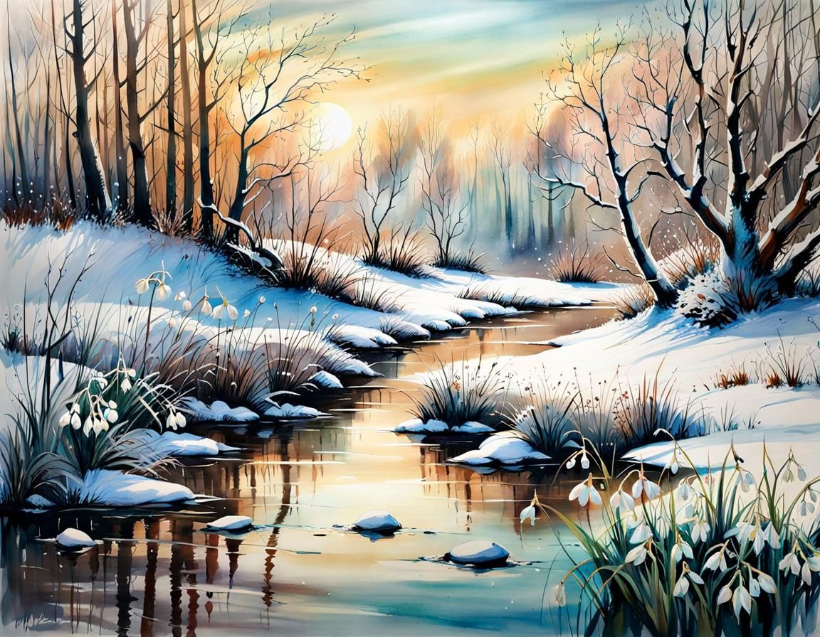 Snowy Riverscape with Snowdrops: Stylized Watercolor Art