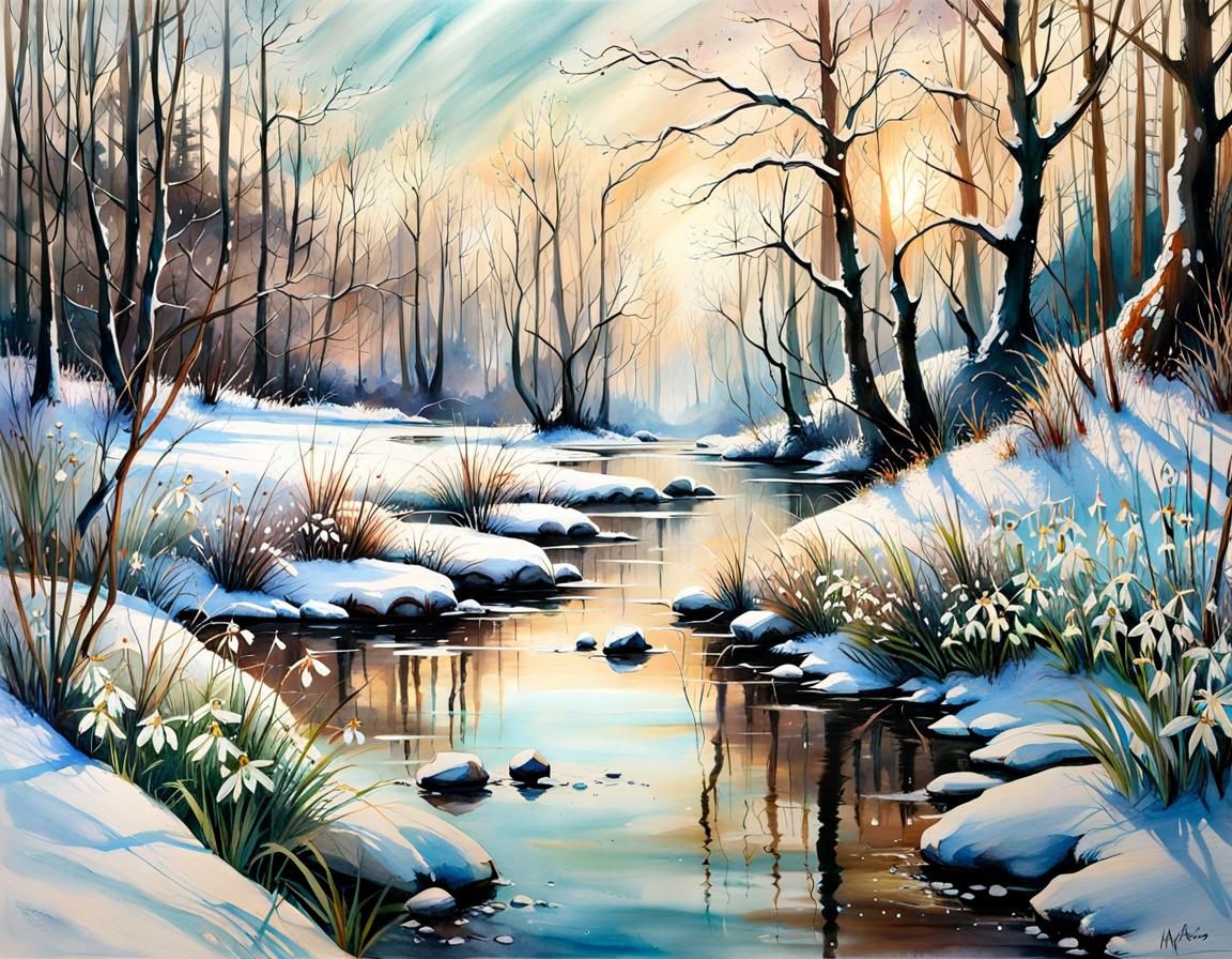 Snowy Riverscape with Snowdrops in Watercolor Style