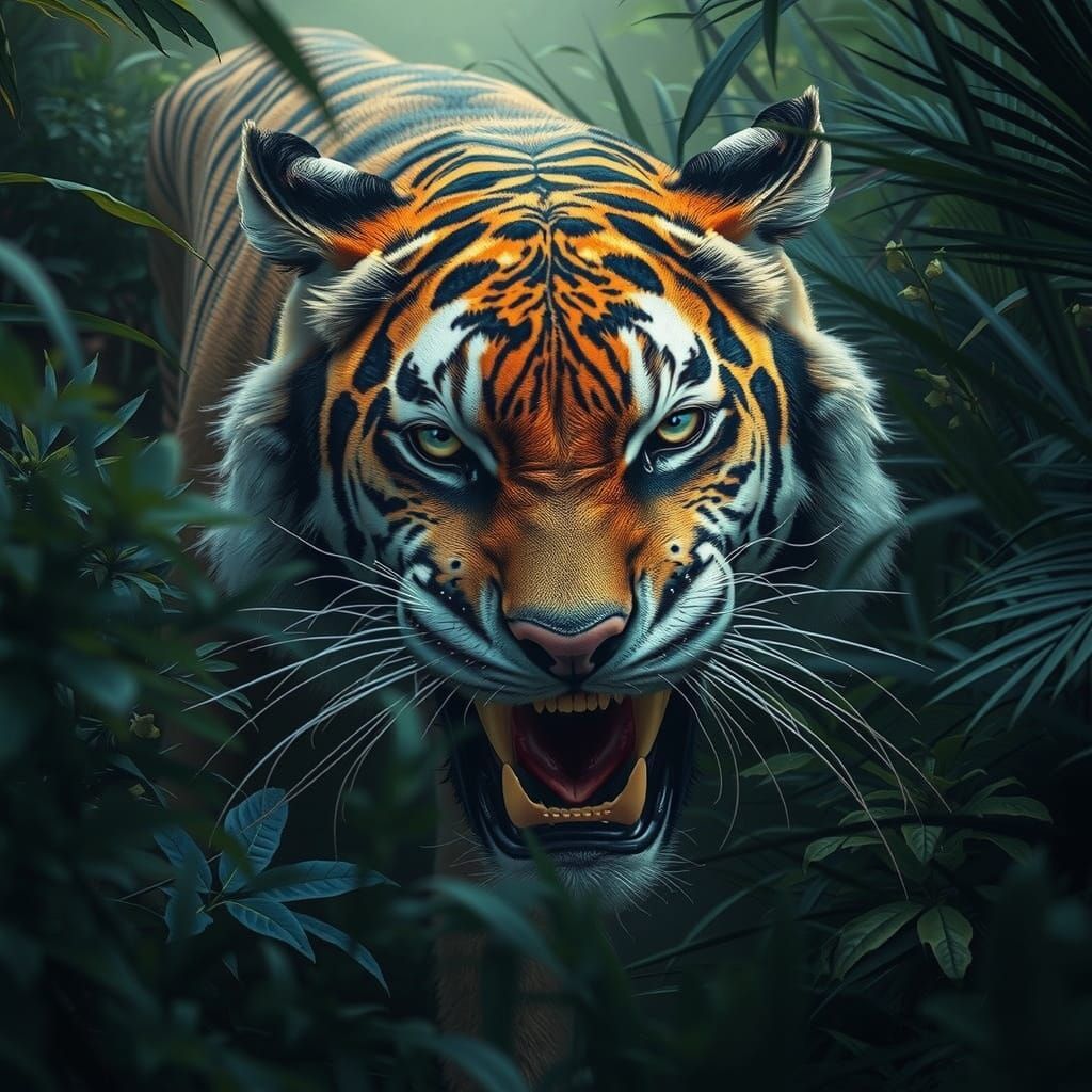 Cybernetic Tiger Stalking Through Jungle, Hyperrealistic Sty...