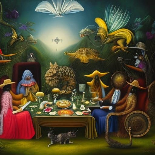Leonora Carrington, tea party for strange animals,  detailed whimsical macro photography maximalism detailed painting fa...