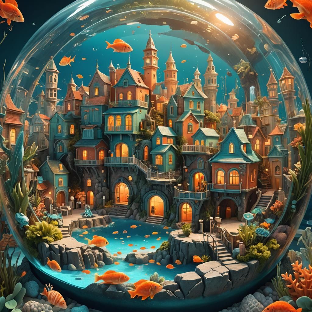 Whimsical Coastal Town in a Round Aquarium