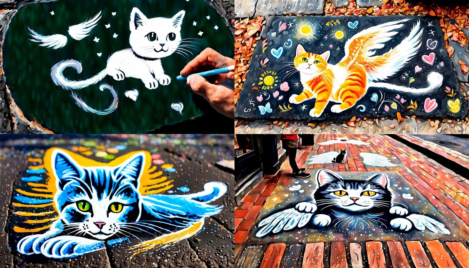 Charming Chalk Art: Angel Cat on a Whimsical Street