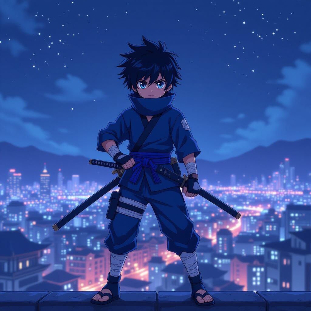Anime Ninja on Rooftop in 3D Style