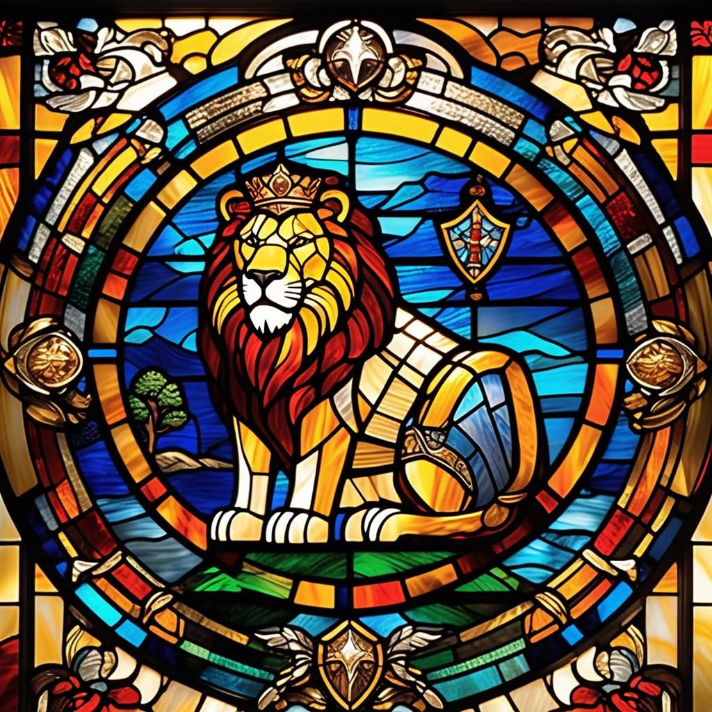 Stained Glass Knight and Lion: Timeless Nobility