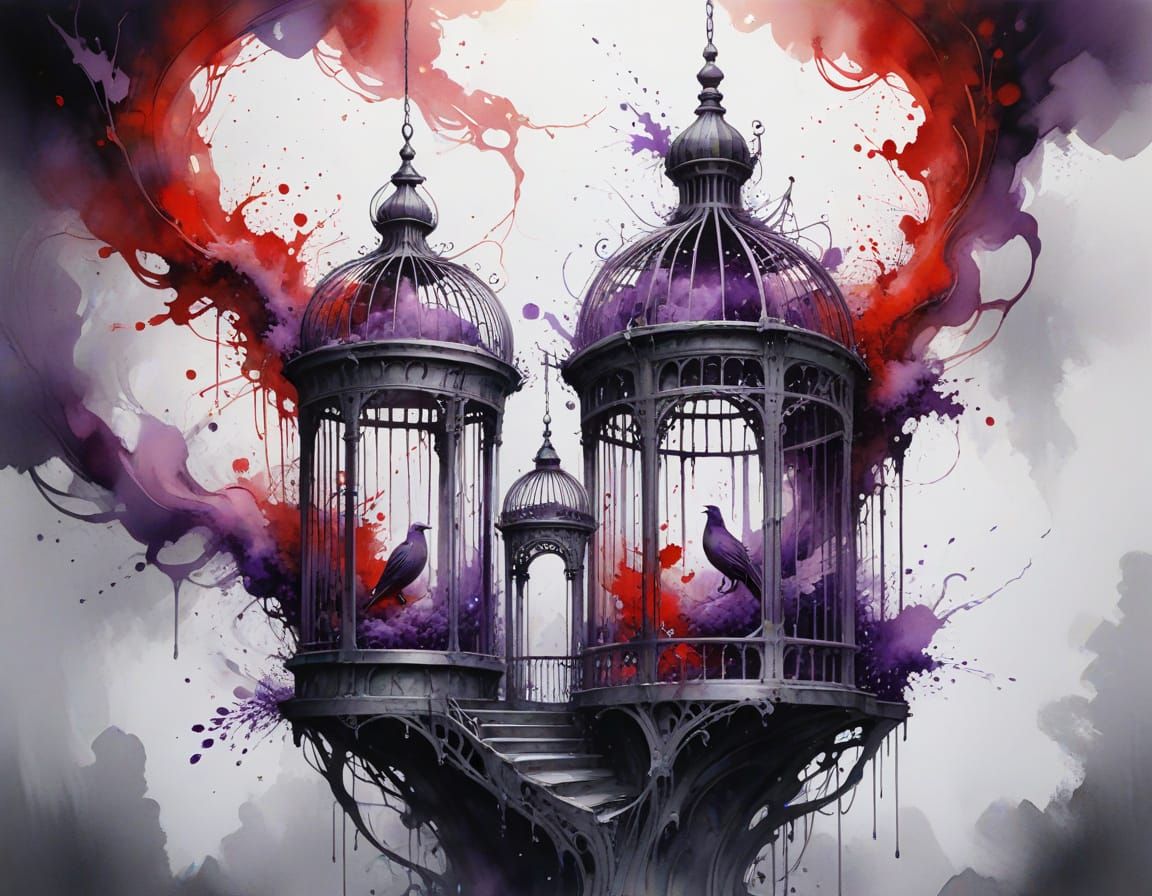 Nesting Cages in Ethereal Watercolor Style