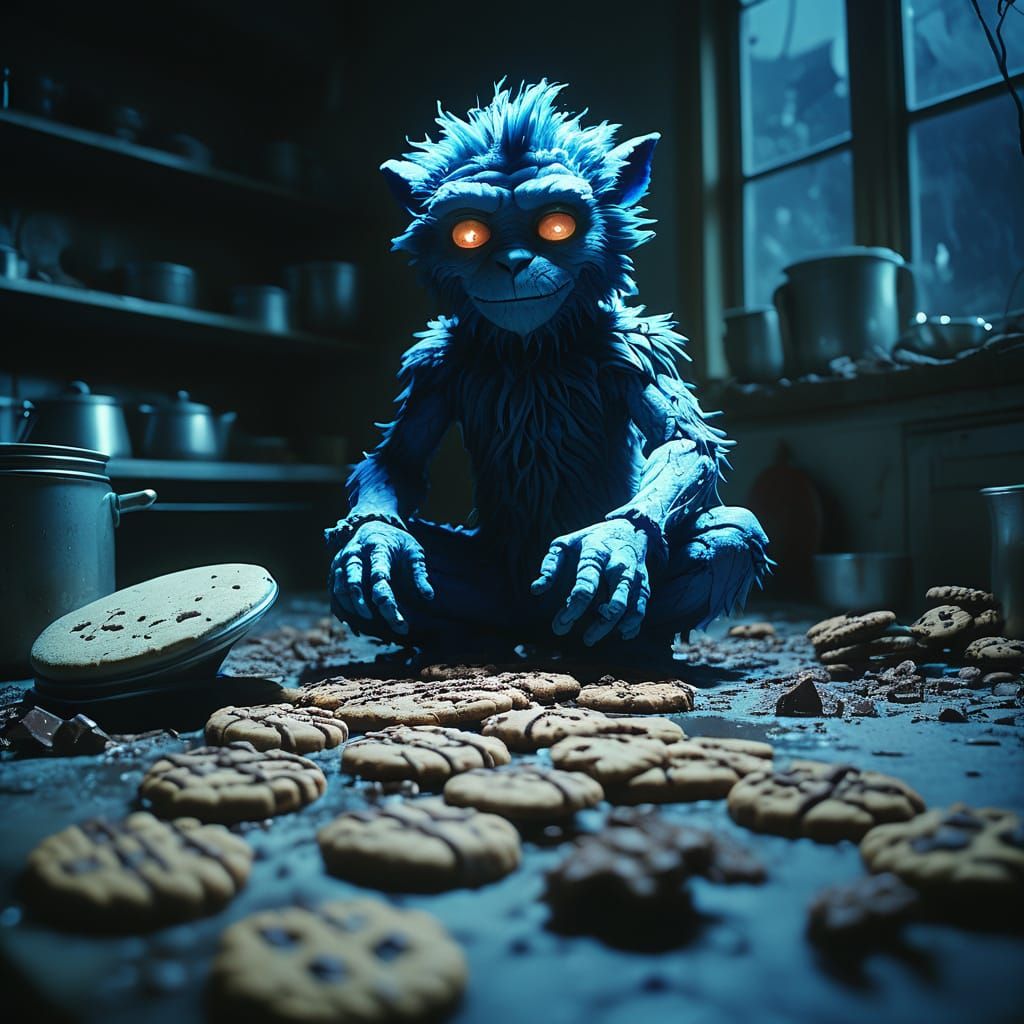 Chocolate Obsessed Blue Furry Humanoid in Ruined Kitchen