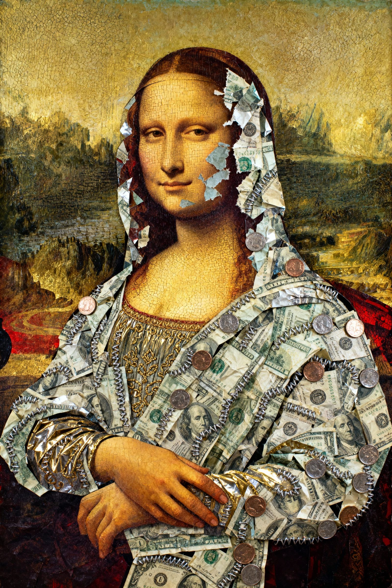 Mona Lisa Reimagined with Currency and Pop Art Flair