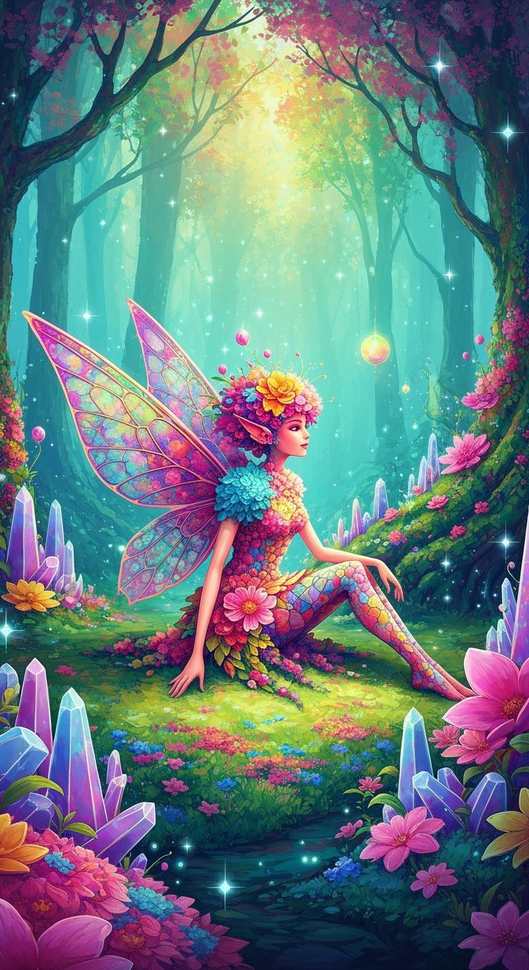Whimsical Flower Fairy in Technicolor Forest