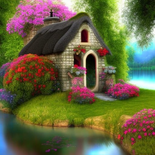 Flower-Covered Cottage by Lake, High Definition Art