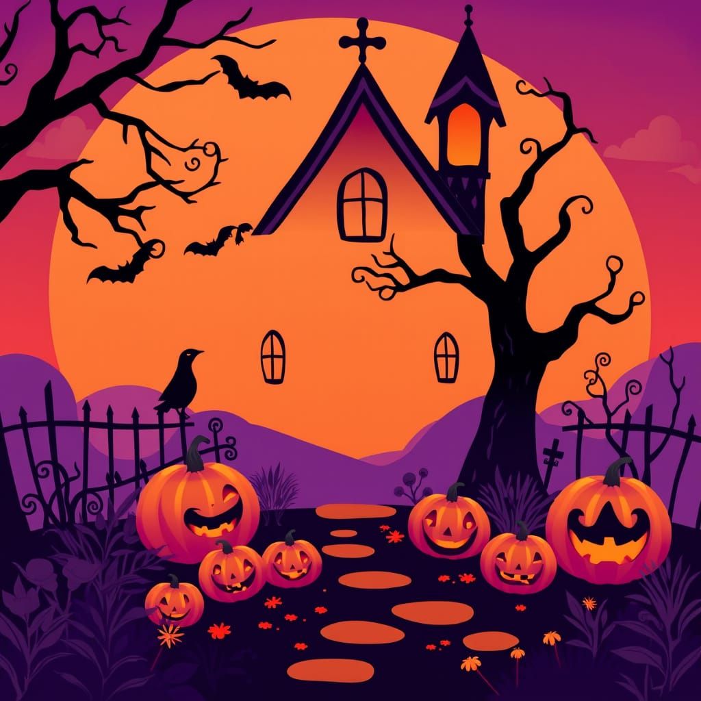 Whimsical Halloween Landscape in Vibrant Hues