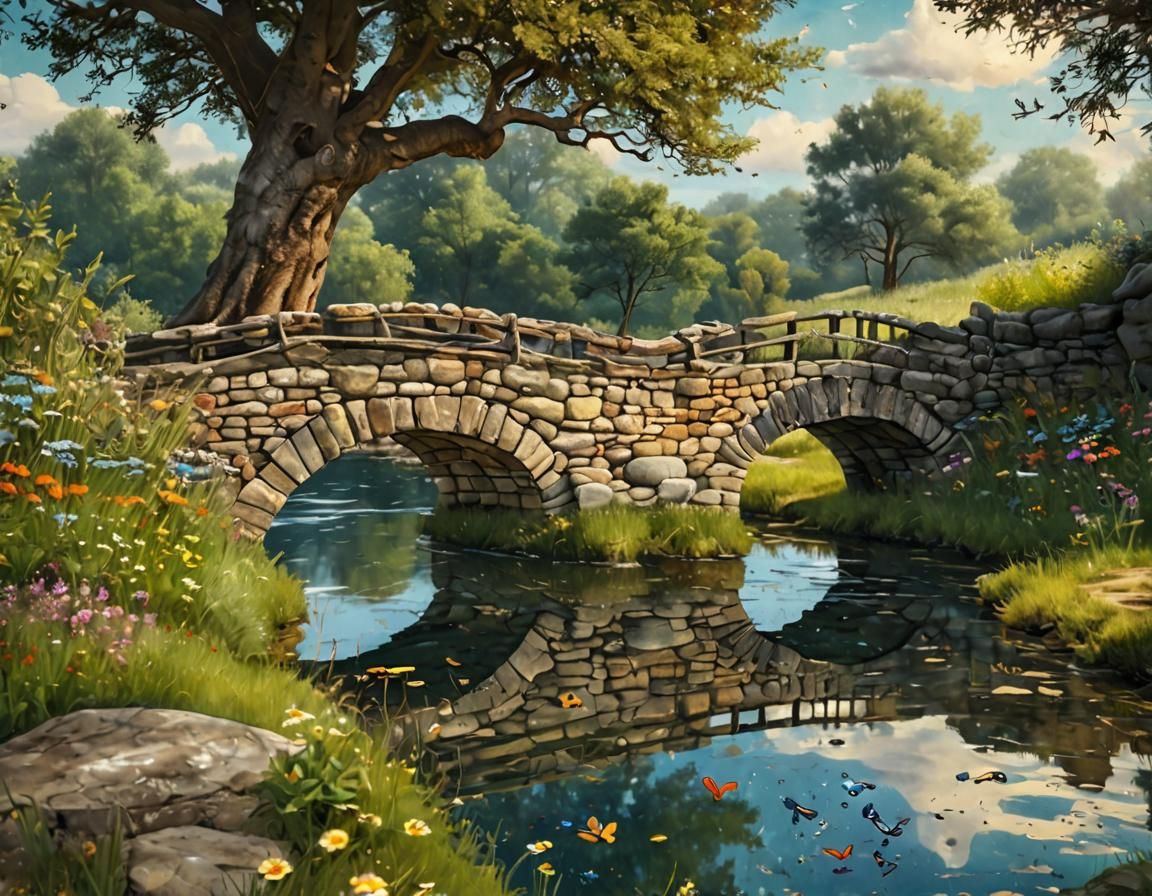 Picturesque Medieval Bridge Over Stream: Acrylic Painting
