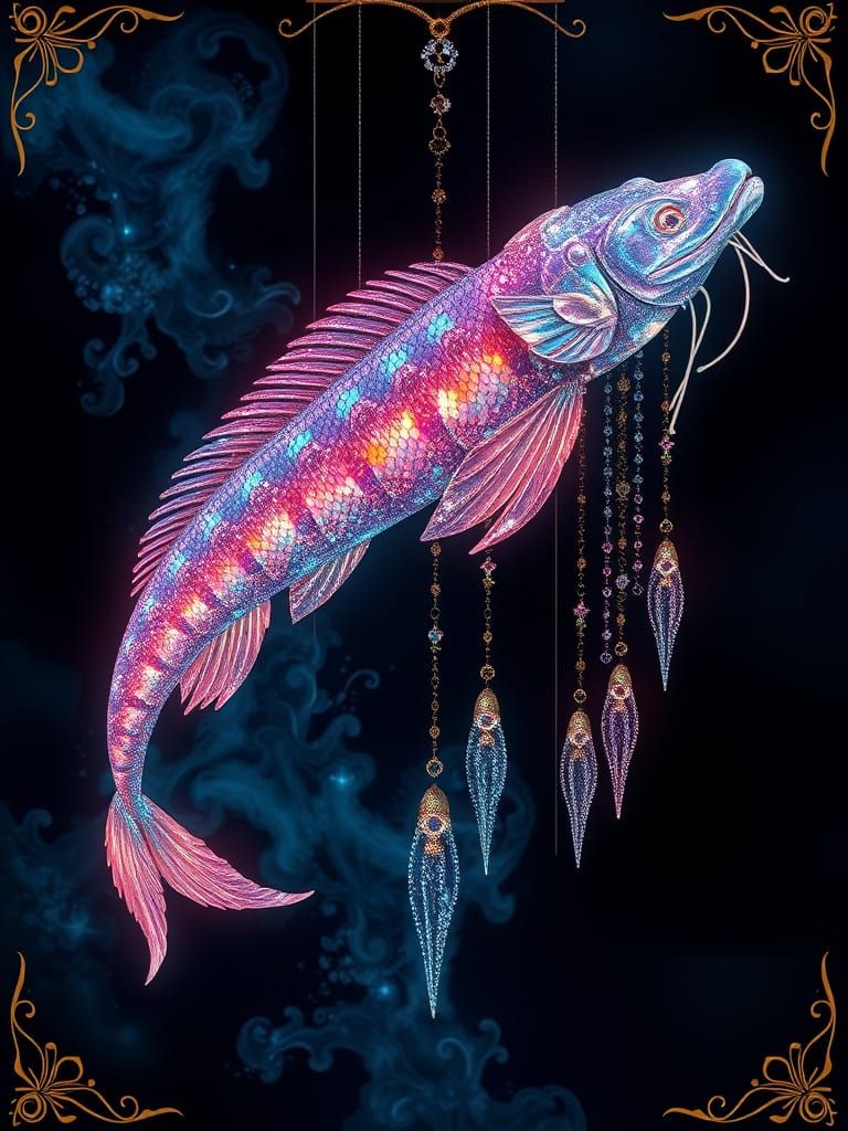 Iridescent Oarfish Wind Chime in Celestial Depths