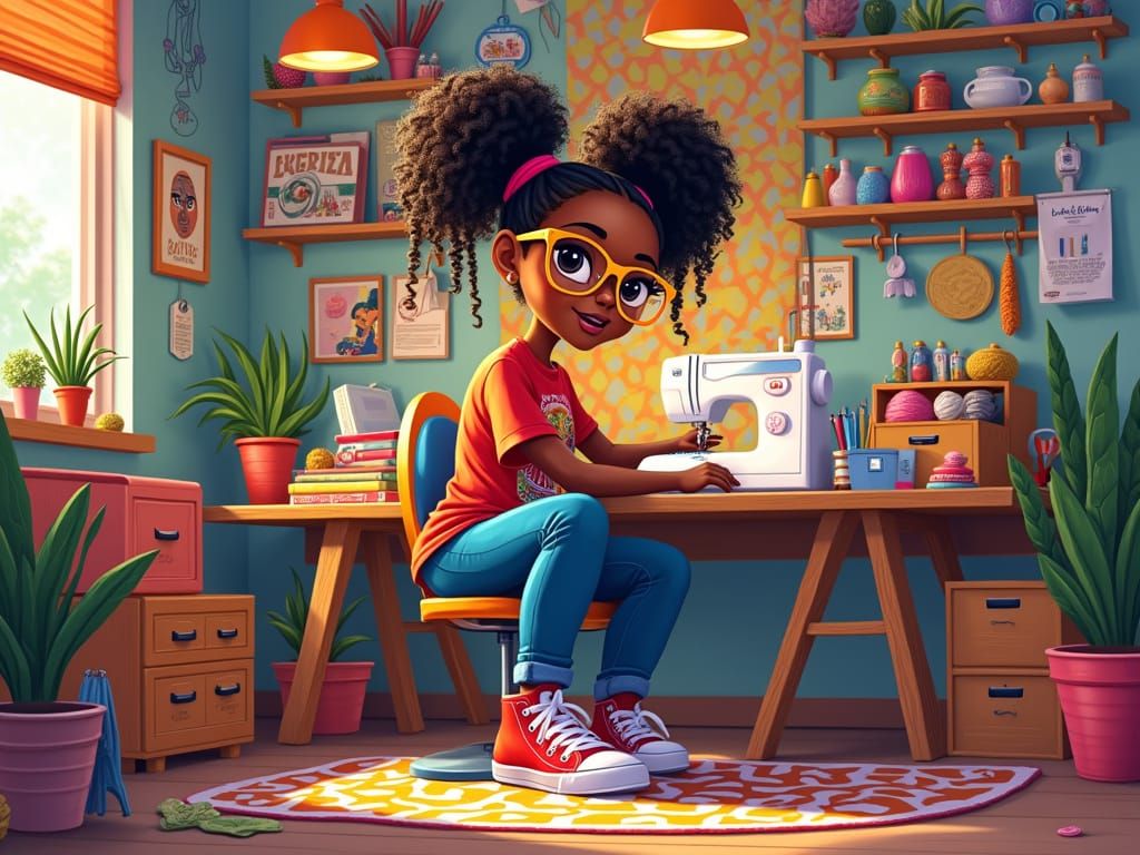 Colorful Cartoon of Girl Embroidering in Cozy Craft Room