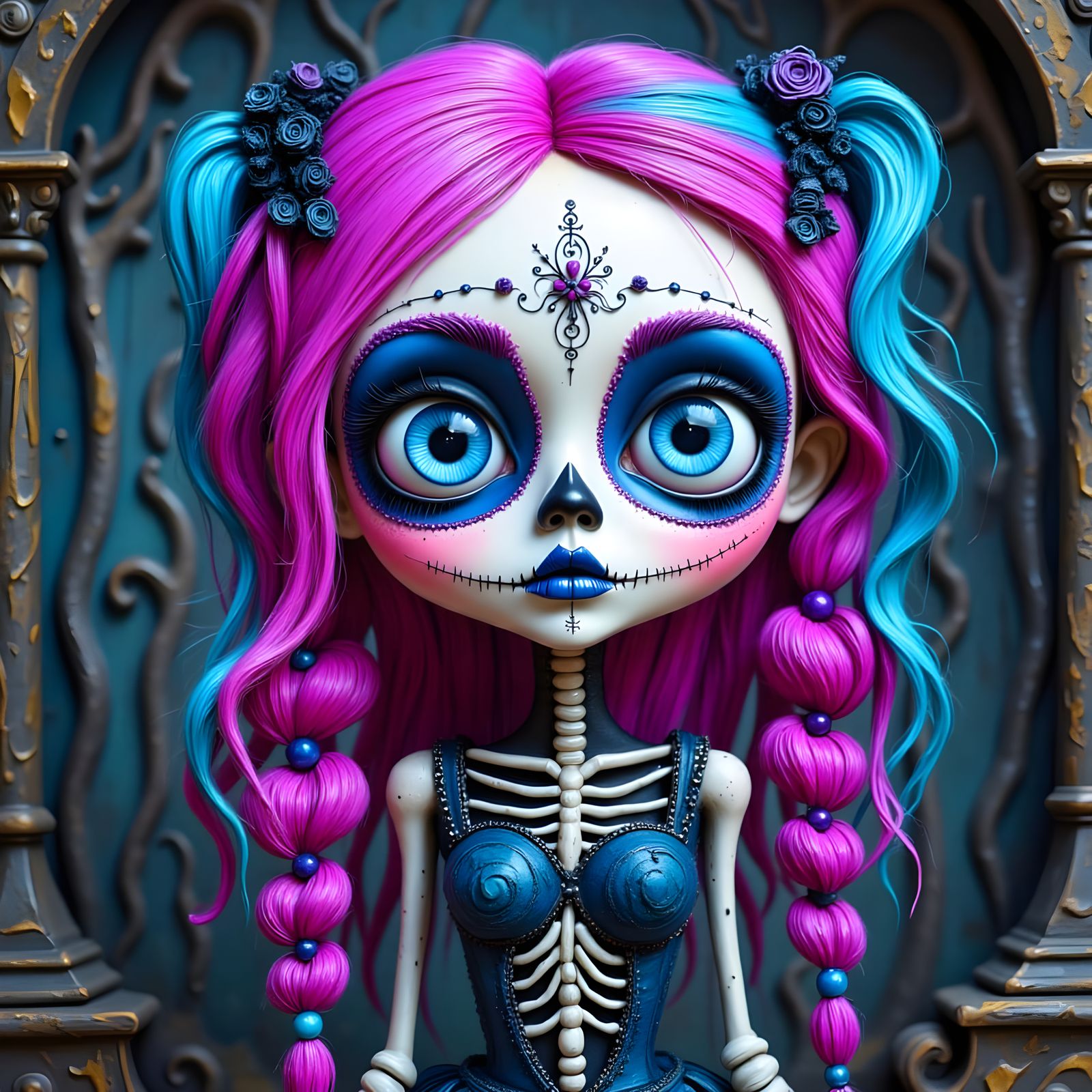 Dreamlike Encaustic Painting of a Whimsical Zombie Bride