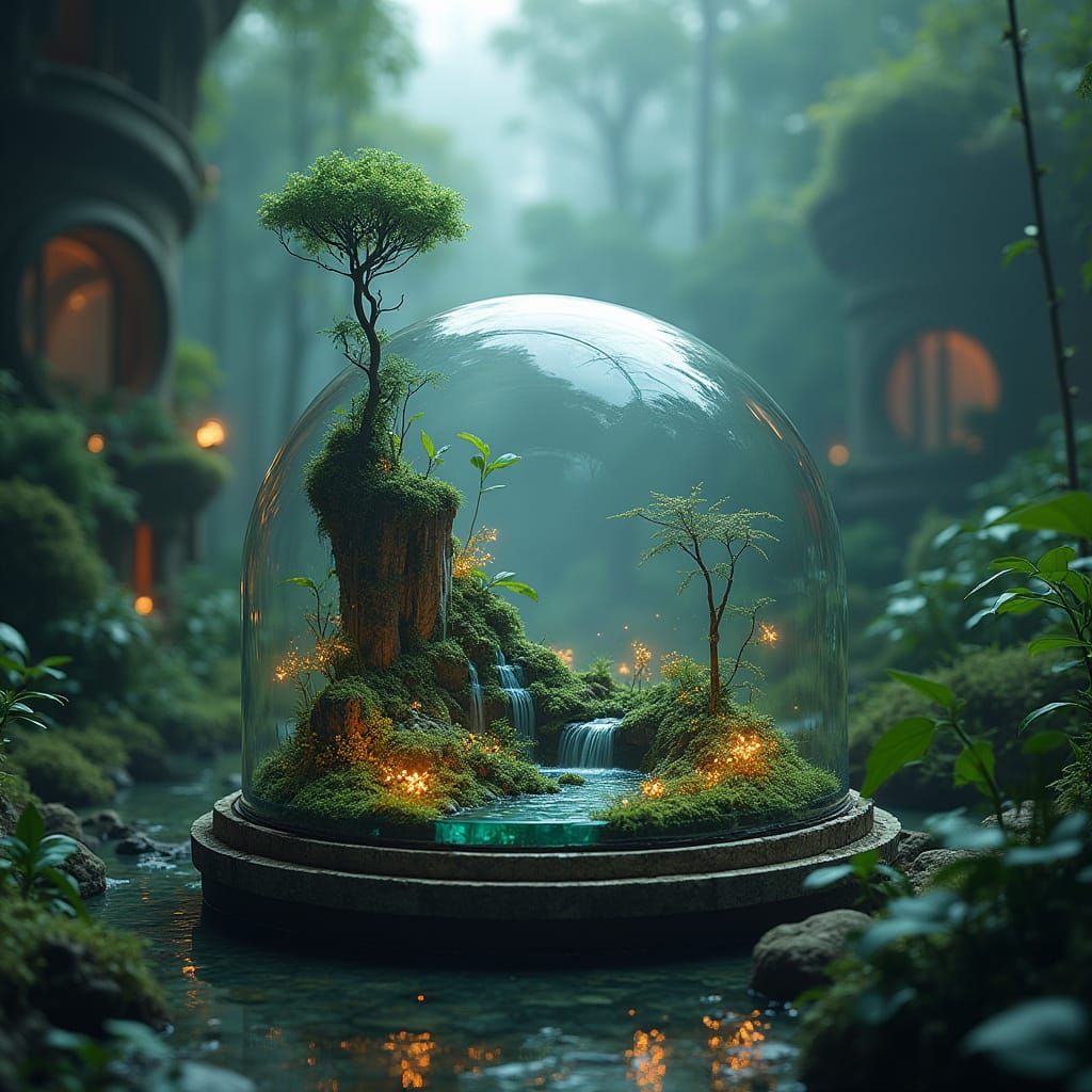 Glass Dome Ecosystem in Alien Jungle, Hyper-Realistic Style