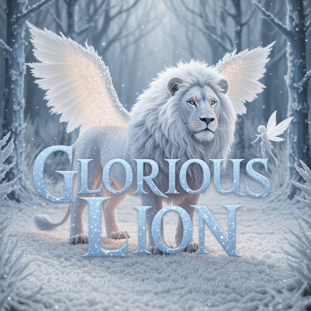 A majestic sparkling white lion with thick luxurious bright white fur and fluffy feathery bright white wings, all encrus...