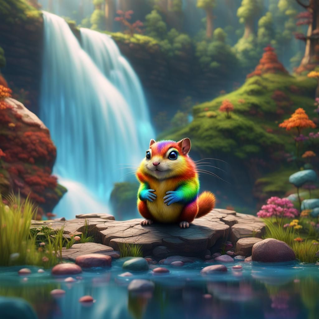 Rainbow Chipmunk at Waterfall: Fantasy Concept Art