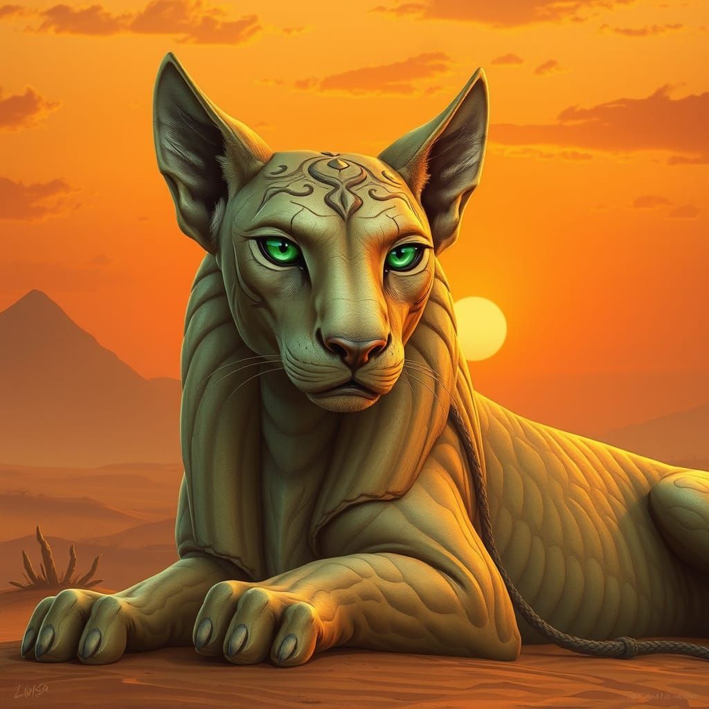 Regal Sphinx with Emerald Eyes at Sunset