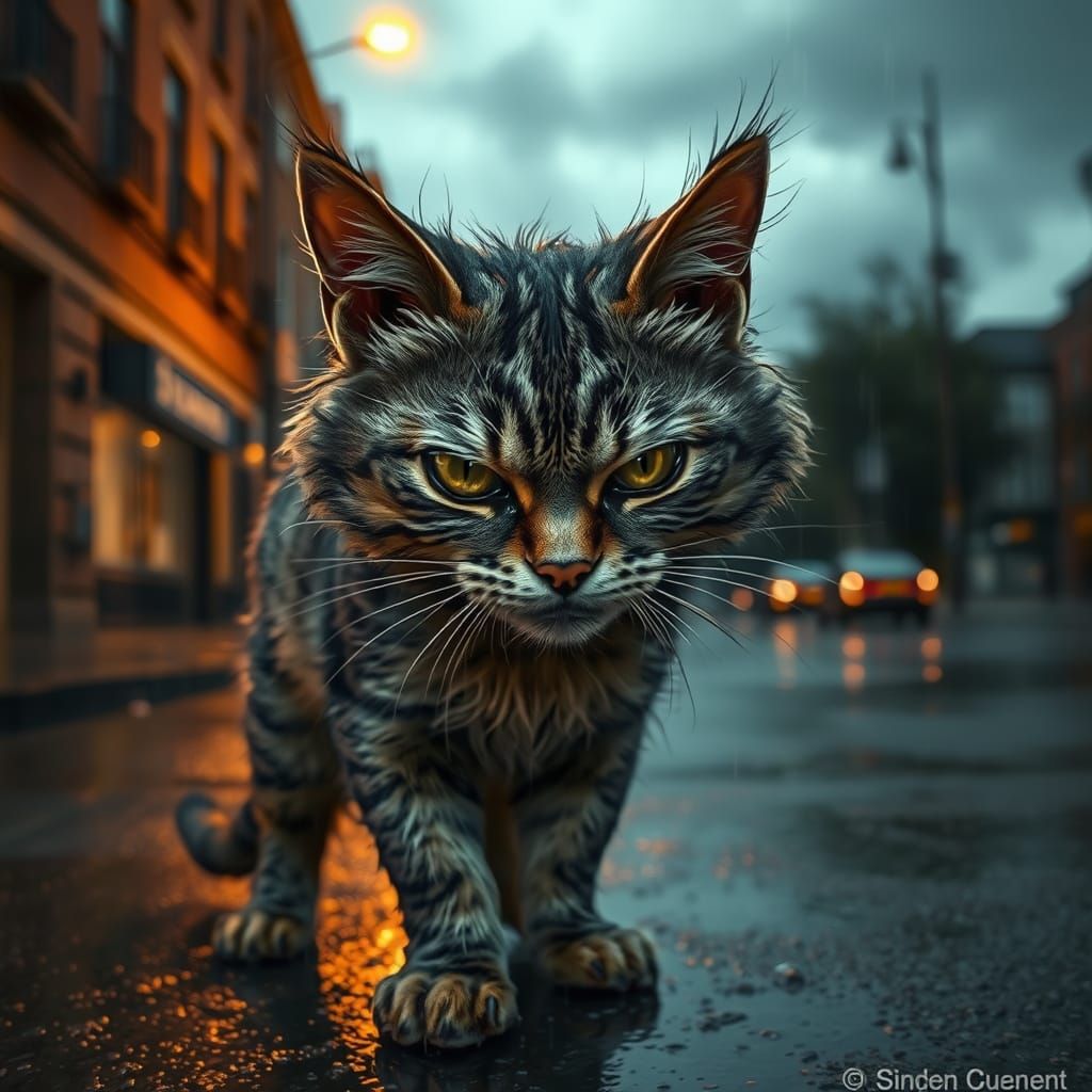 Furious Feline Stands on Rainy Street at Dusk
