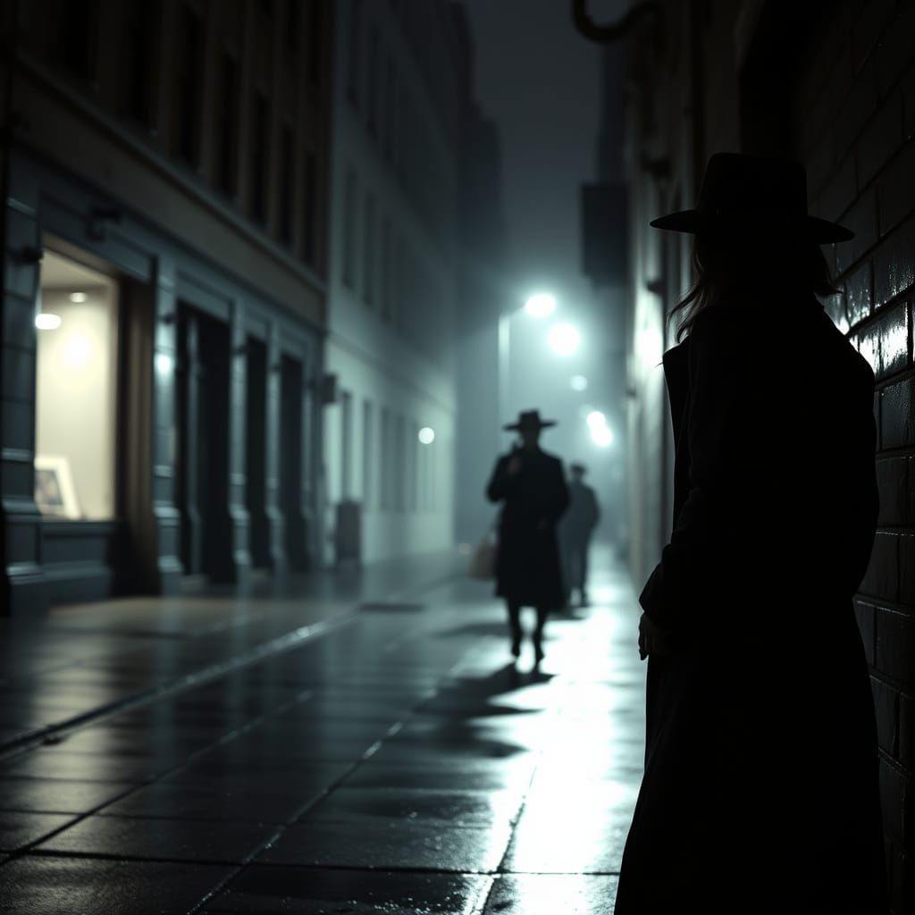 Film Noir Woman in Rainy City Alley