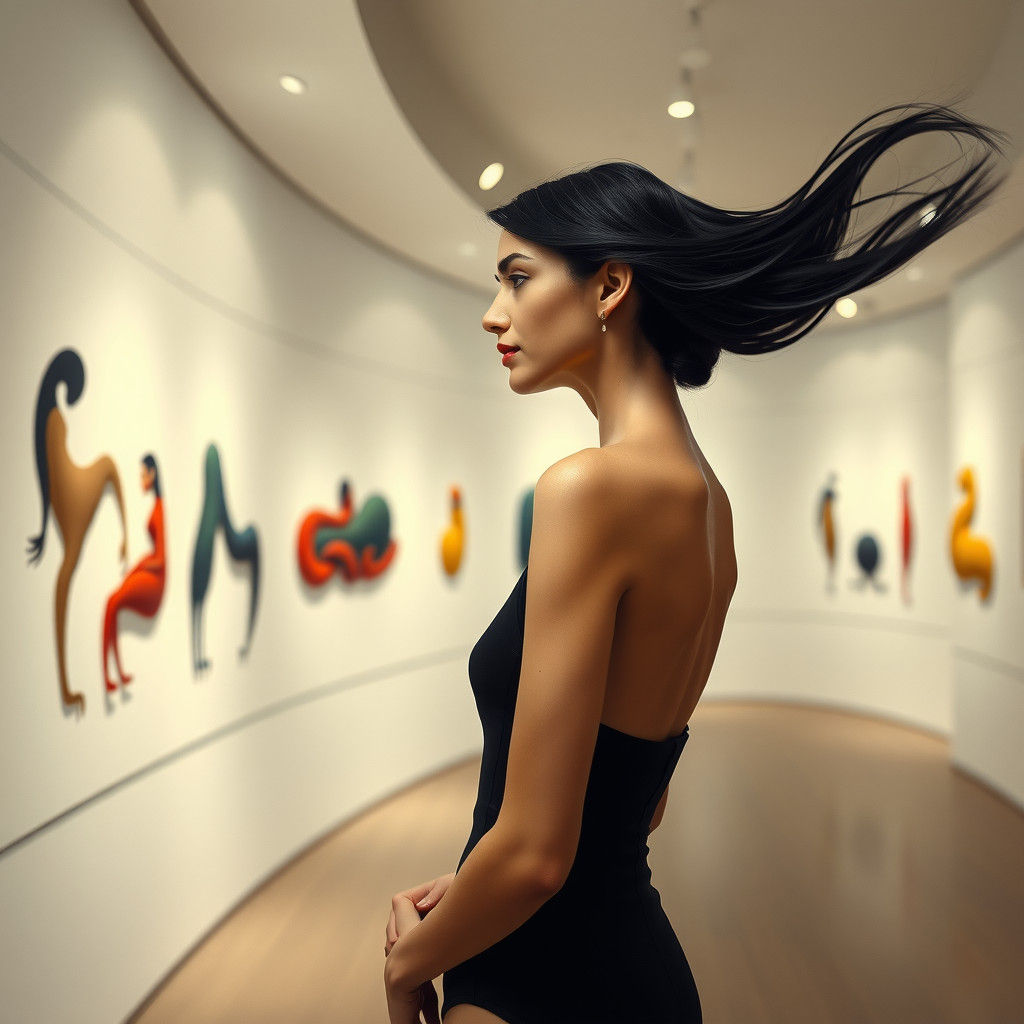 Woman Gazing at Surrealist Art in Gallery