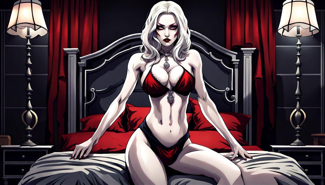 Gothic Vampire Goddess in Bedroom, Digital Art