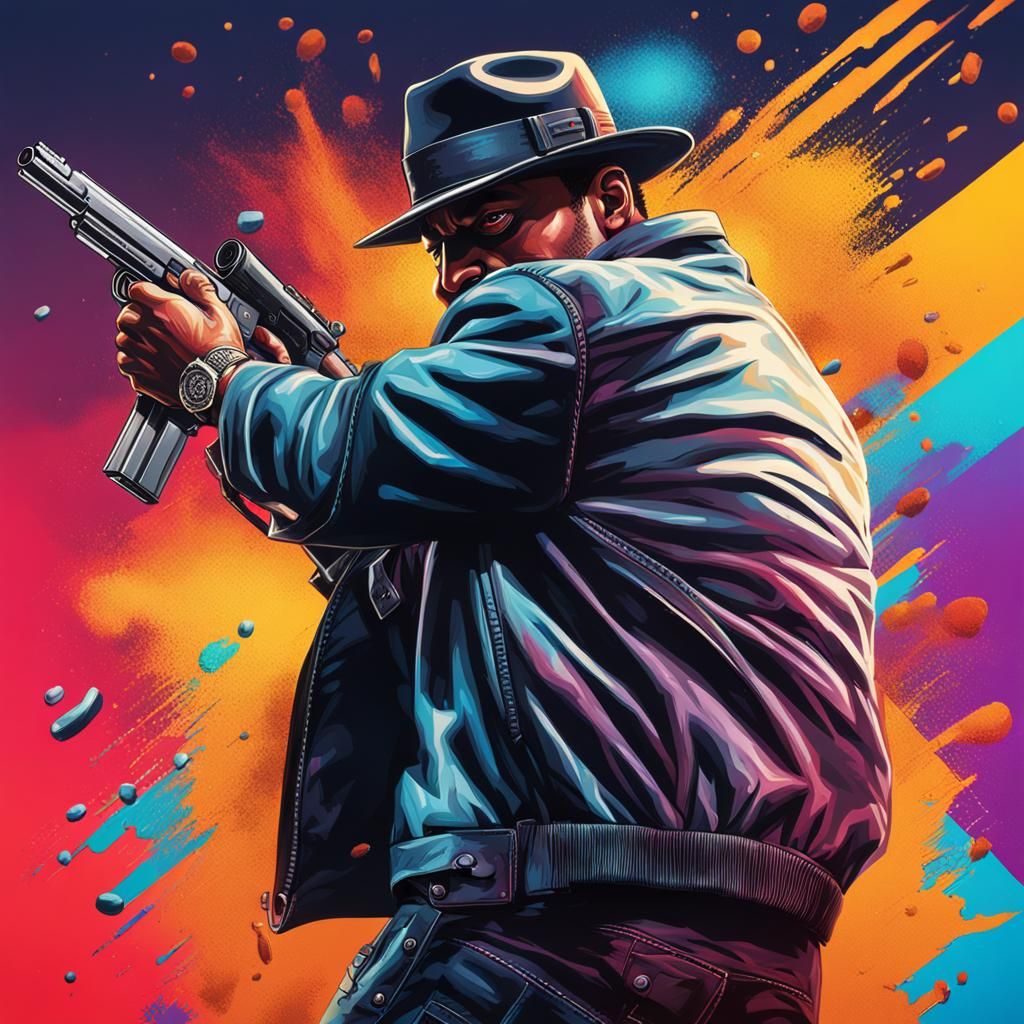 Hyperrealistic Gangster with Gun in Splash Art Style